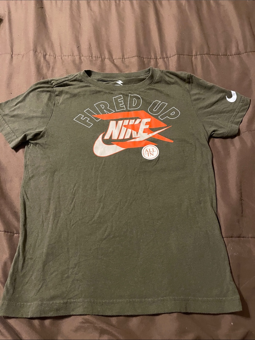 Nike boys Olive Green Tee with Orange and White Graphic